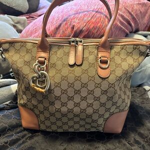 Gucci Beige Monogram Canvas Tote with Tan Leather Trim